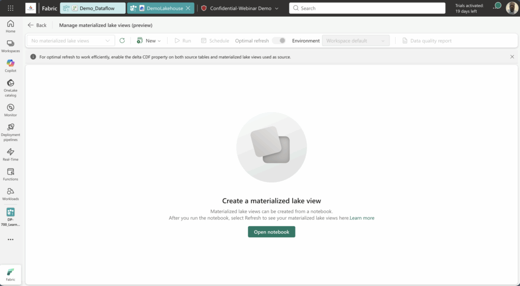 Screenshot of the Microsoft Fabric Lakehouse interface showing the “Manage materialized lake views (preview)” screen with an empty list and an option to create a materialized lake view by opening a notebook.